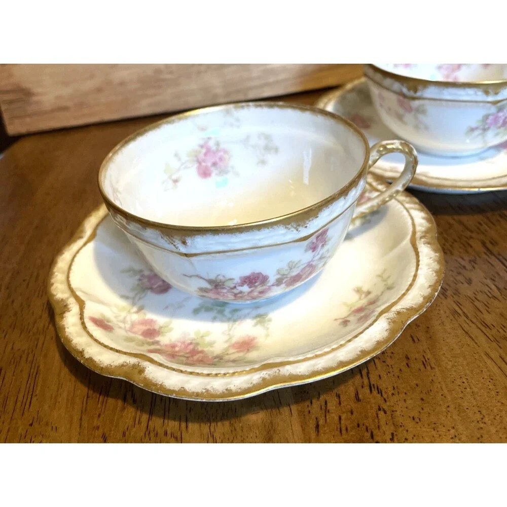 2 Antique Theodore Haviland Tea Cup Saucer Roses Limoge France